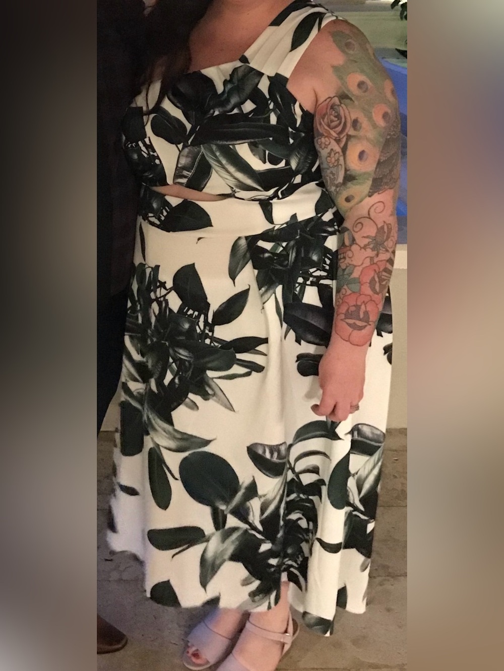 ASOS Curve One-Shoulder high-low botanical wedding guest dress with belly cutout